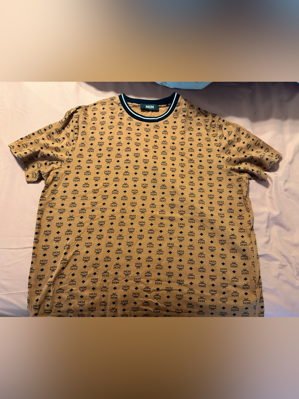 MCM Men’s Tan All-Over Logo Short Sleeve Tee with Black-Trim Neckline